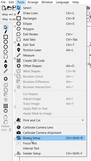 Tools dropdown in LightBurn