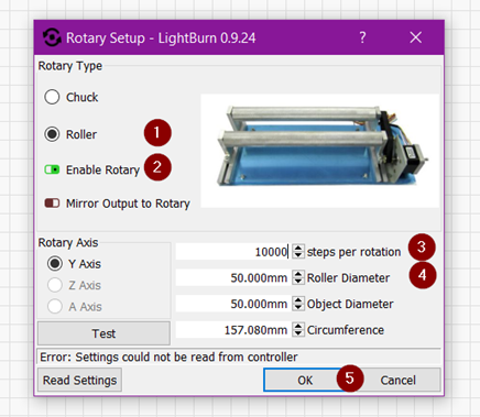 Rotary setup LightBurn